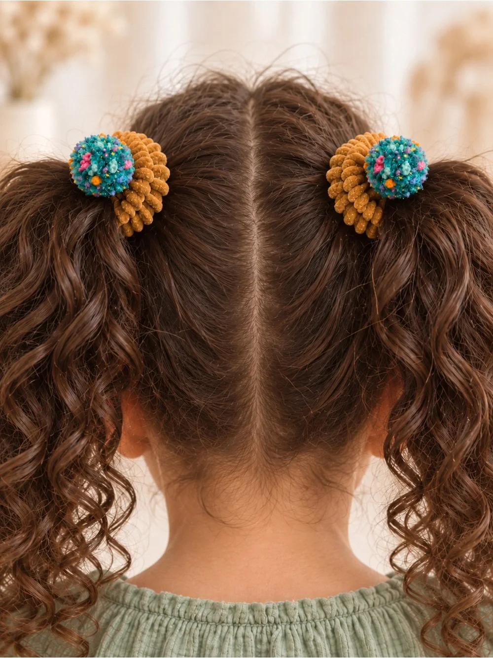 Handmade Girls Pom-Pom Ponytail Hair Tie Set – Choose Color